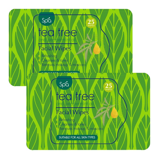 Spa Tea Tree & Peppermint Oil Facial Wipes – 25 Wipes x 2 Packs