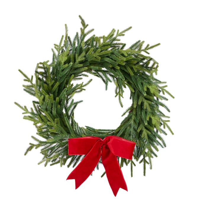 Classic Evergreen Christmas Wreath with Red Velvet Bow