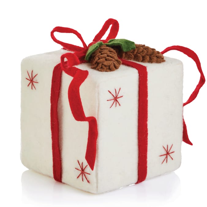 Felt Christmas Gift Box Decoration with Pinecones & Ribbon – Red & White Holiday Display Box
