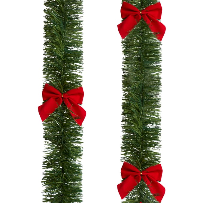 Christmas Green Garland with Red Bows – Classic Holiday Decorative Garland