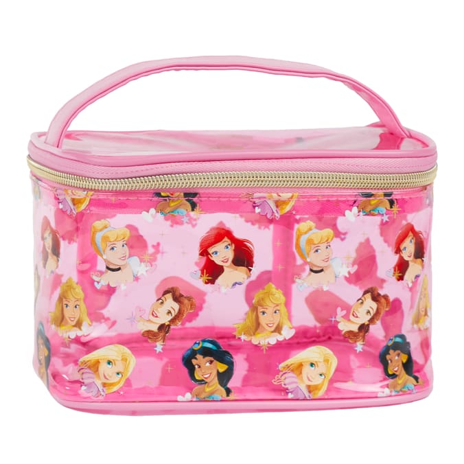 Pink Cartoon Print Makeup Bag with Handle – Transparent Cosmetic Case