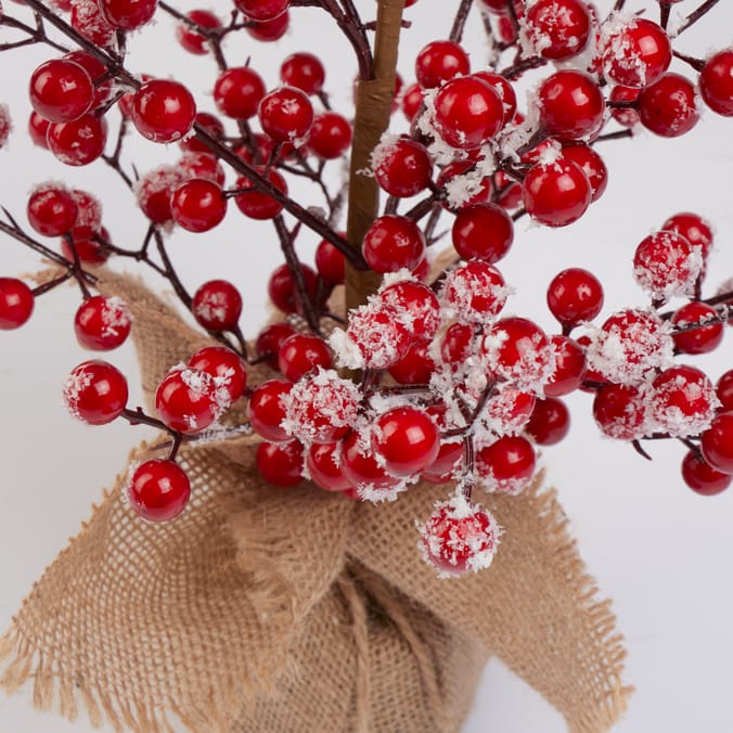 Tabletop Faux Berry Christmas Arrangement with Burlap Base – Holiday Decor Accent