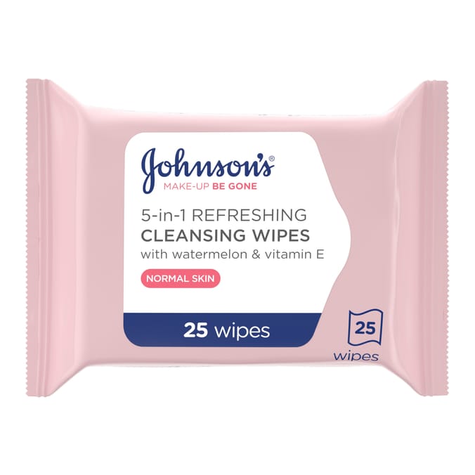 Refreshing 5-in-1 cleansing wipes with watermelon and vitamin E, designed to gently remove makeup and cleanse normal skin.