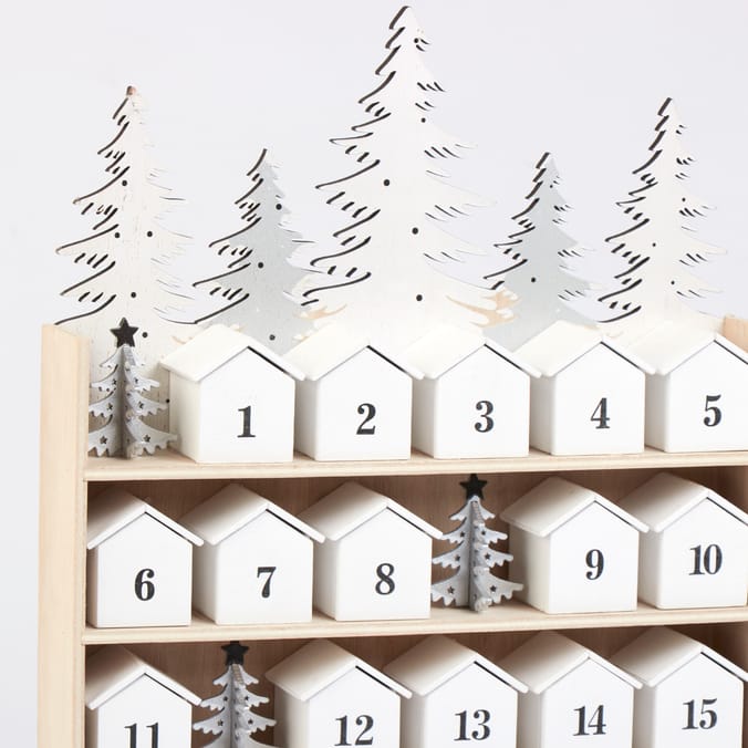 Wooden Christmas Advent Calendar with Numbered House Drawers & Forest Scene