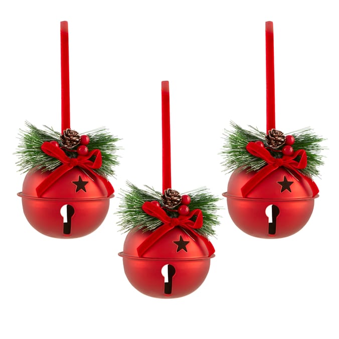 3-Pack Christmas Bell Hanging Ornaments – Festive Jingle Bells with Pine & Ribbon Décor