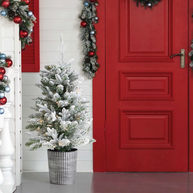 Pre-Lit Flocked Mini Artificial Christmas Tree in Decorative Pot