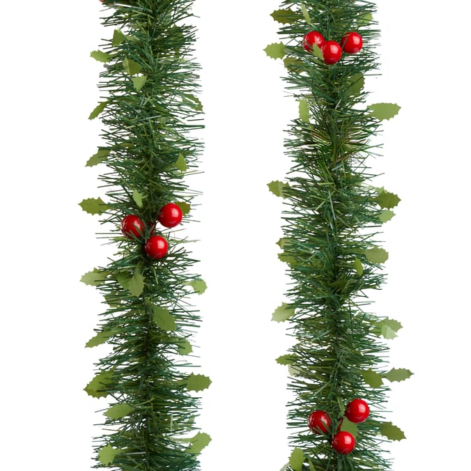 Christmas Green Garland with Holly Leaves & Red Berries – Festive Holiday Decoration