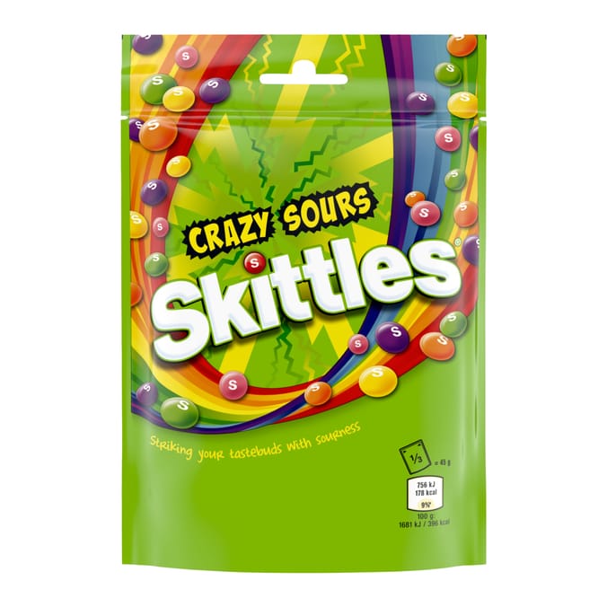 Skittles Crazy Sour Sweets Fruit Flavoured Pouch Bag 136gc