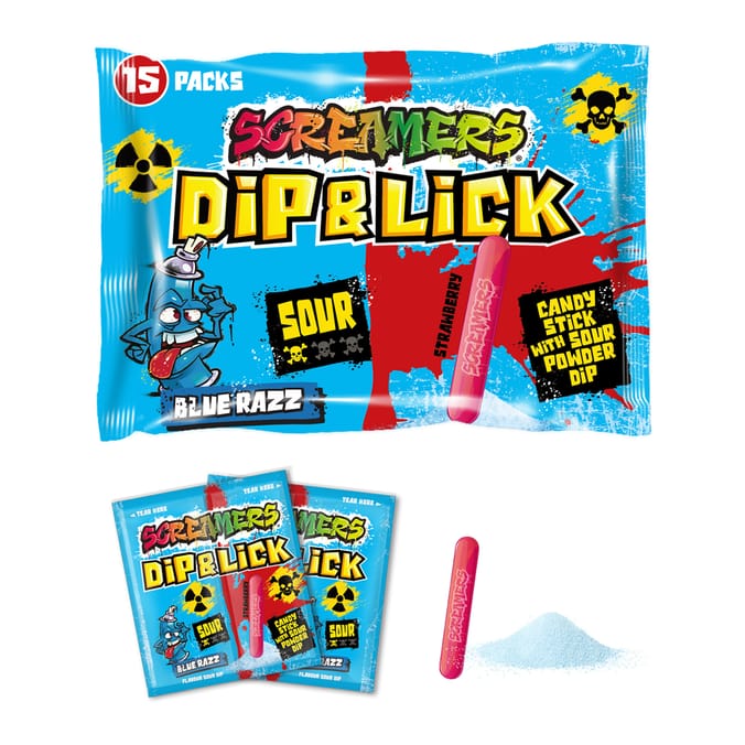 Screamers Dip & Lick Sour Candy Packs – Blue Razz & Strawberry (15 Pack)