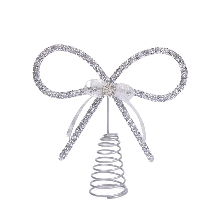 Silver Glitter Bow Christmas Tree Topper – Elegant Sparkling Holiday Decoration