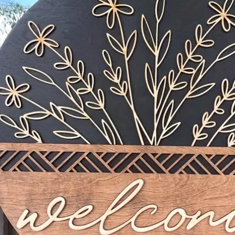 Wooden Welcome Wall Hanging – Handcrafted Floral Round Door Sign