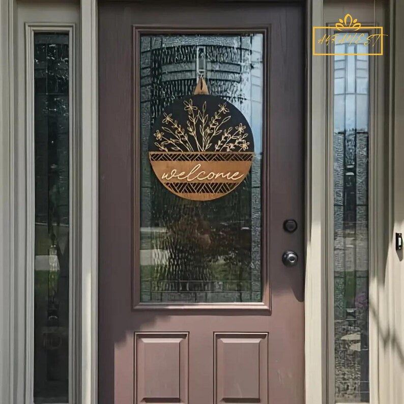 Wooden Welcome Wall Hanging – Handcrafted Floral Round Door Sign