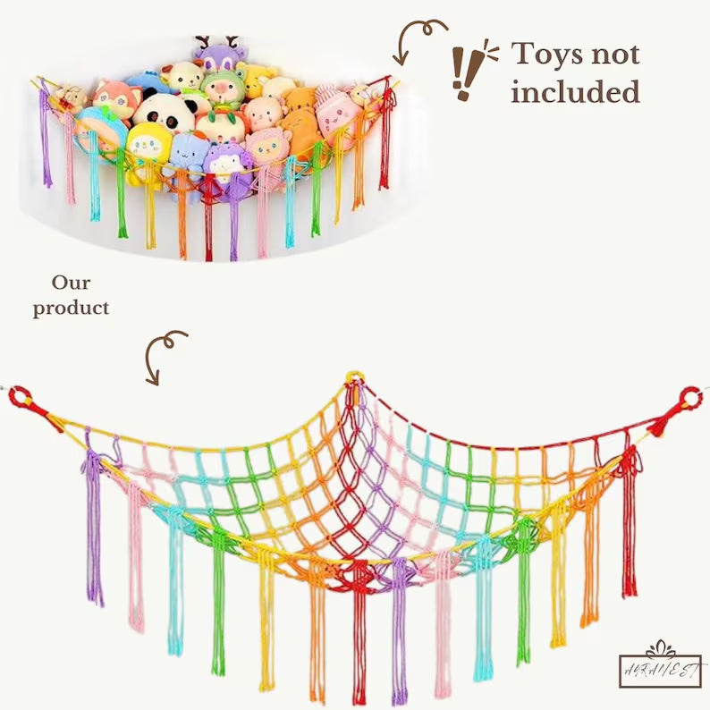 Macrame Toy Hammock – Large Boho Nursery Corner Storage for Stuffed Animals & Plush Toys