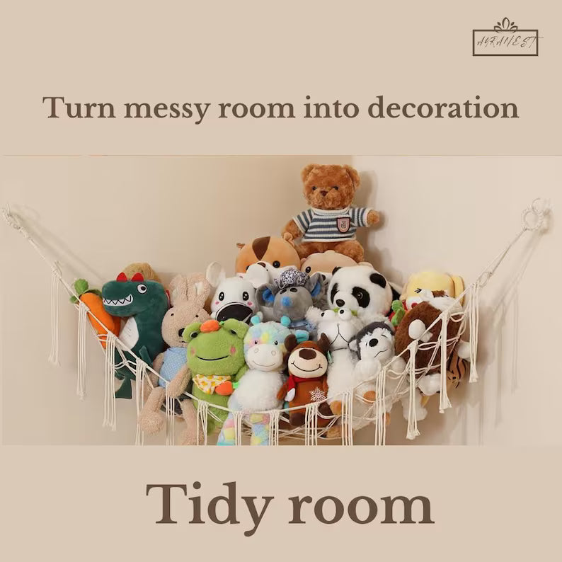 Beige Boho Toy Hammock – Corner Soft Toy Storage Net for Nursery, Kids’ Room & Baby Shower Gift