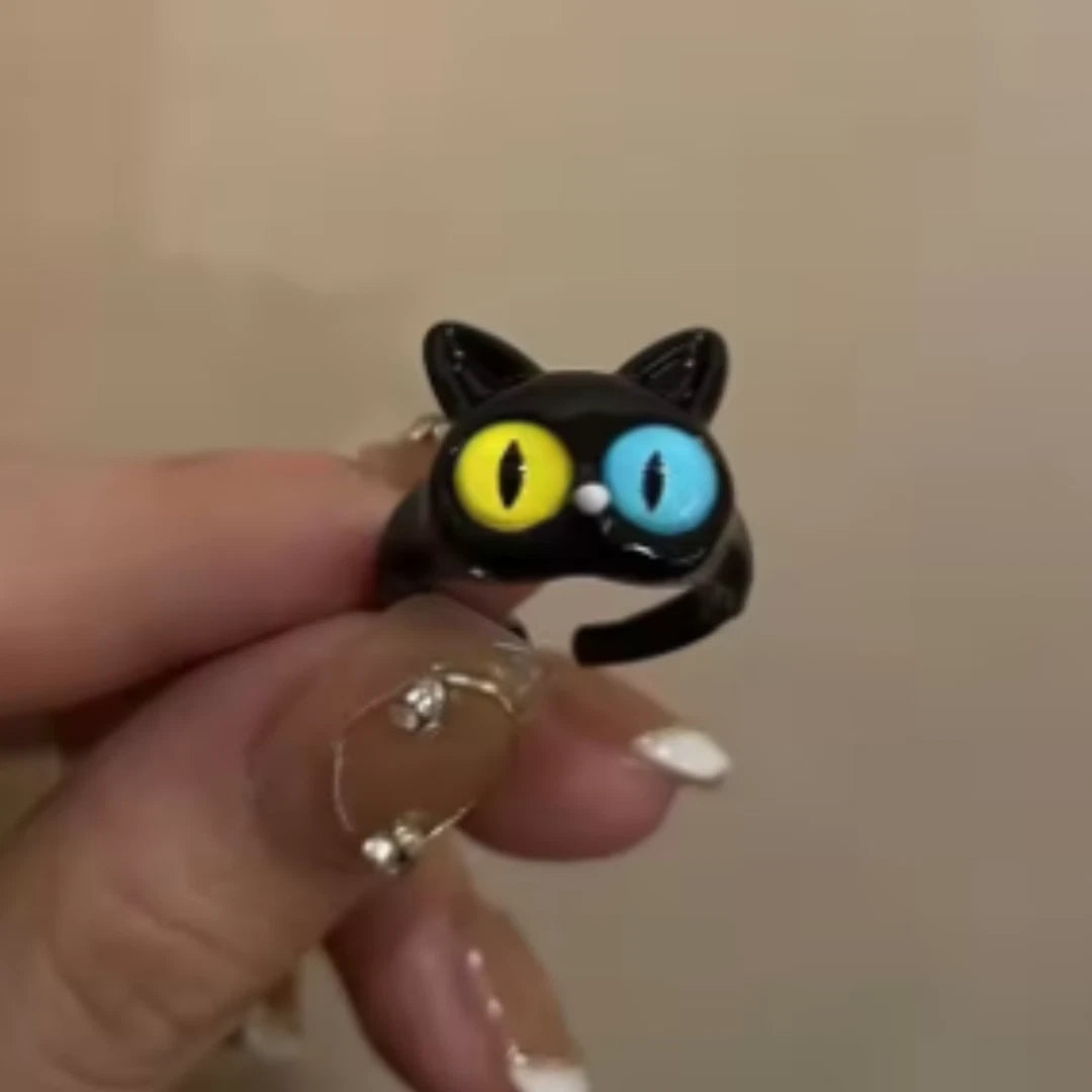 Adjustable Cat Eye Ring for Women | Black Cat Fashion Ring with Blue & Yellow Eyes | Cute Gothic Kawaii Jewelry Gift