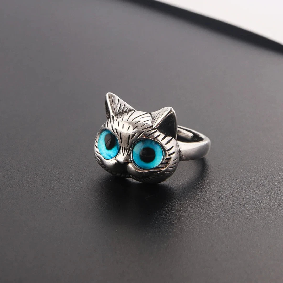 Silver Cat Ring for Women | Adjustable Blue Eye Cat Face Ring | Cute Animal Jewelry Gift for Cat Lovers UK
