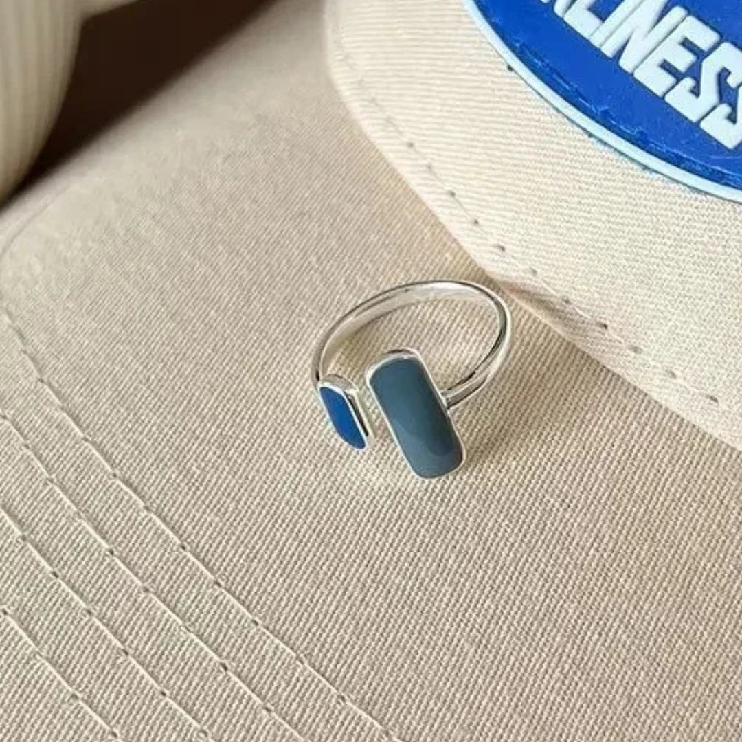 Sterling Silver Blue Stone Rectangle Ring | Adjustable Vintage Moonstone Ring for Women | Retro Geometric Statement Jewelry Gift