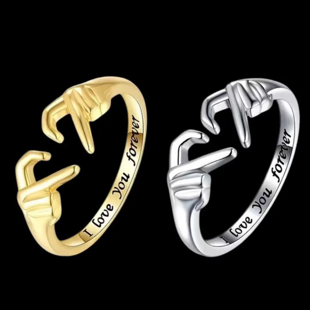 I Love You Forever Hugging Hands Open Ring | Adjustable Promise Ring for Her or Him | Romantic Heart Hand Jewelry Gift UK