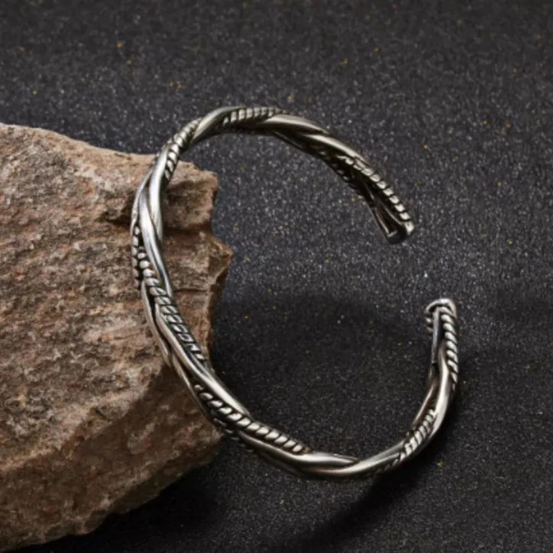 Viking Braided Twist Silver Bangle | Gothic Norse Open Cuff Bracelet for Men & Women | Adjustable Medieval Fashion Jewelry