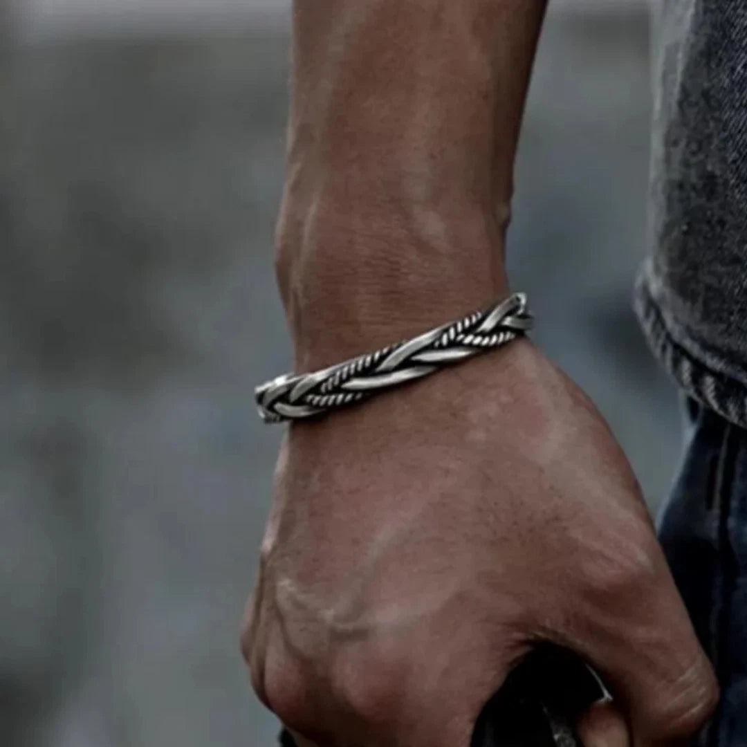 Viking Braided Twist Silver Bangle | Gothic Norse Open Cuff Bracelet for Men & Women | Adjustable Medieval Fashion Jewelry