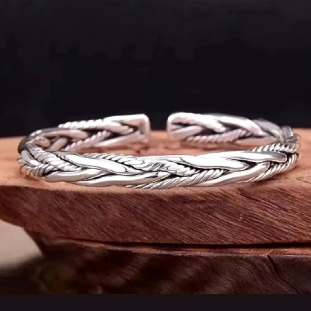 Viking Braided Twist Silver Bangle | Gothic Norse Open Cuff Bracelet for Men & Women | Adjustable Medieval Fashion Jewelry