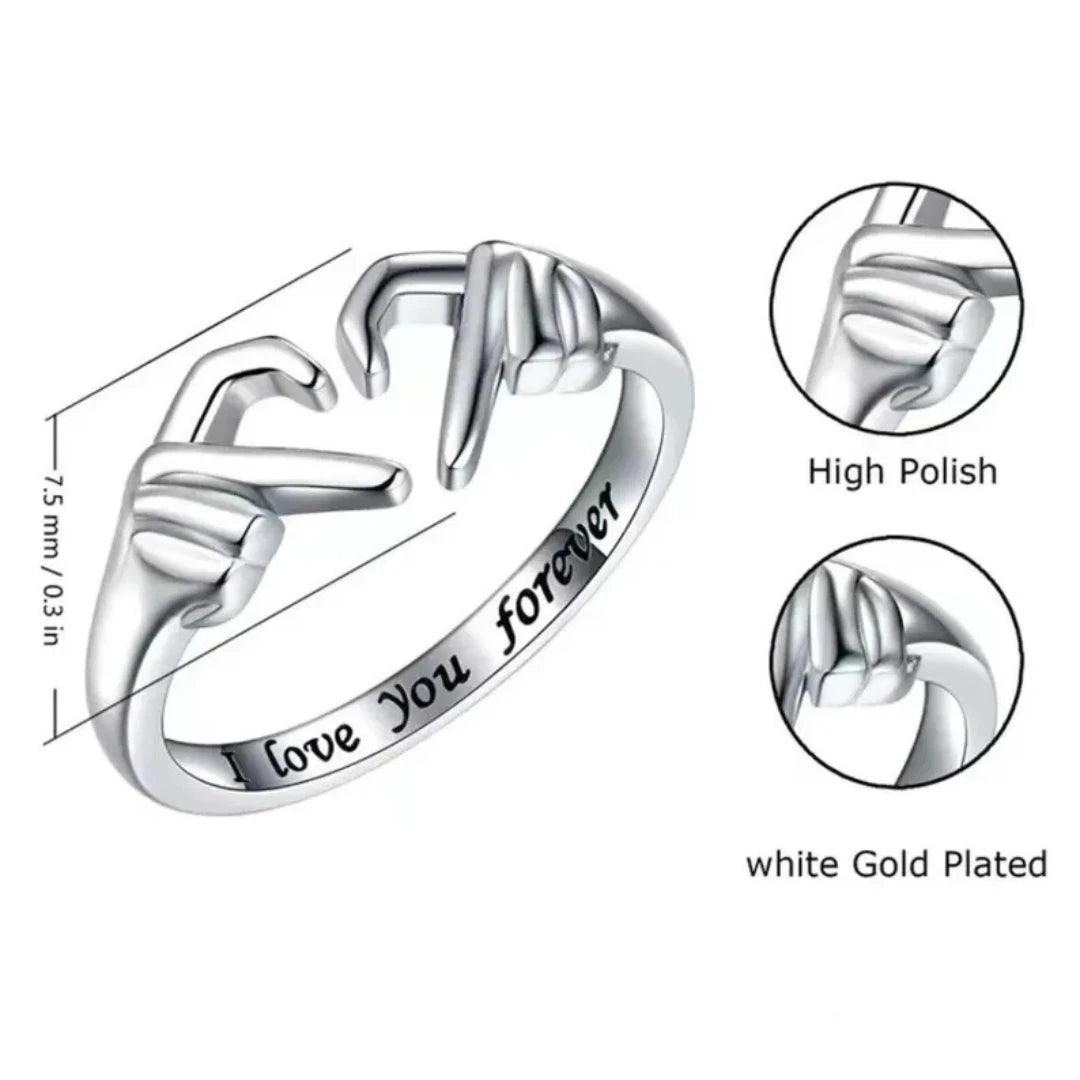 I Love You Forever Hugging Hands Open Ring | Adjustable Promise Ring for Her or Him | Romantic Heart Hand Jewelry Gift UK