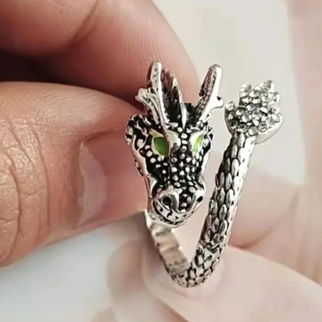 Vintage Adjustable Dragon Ring | Gothic Punk Open Ring for Men & Women | Antique Silver Fantasy Jewelry