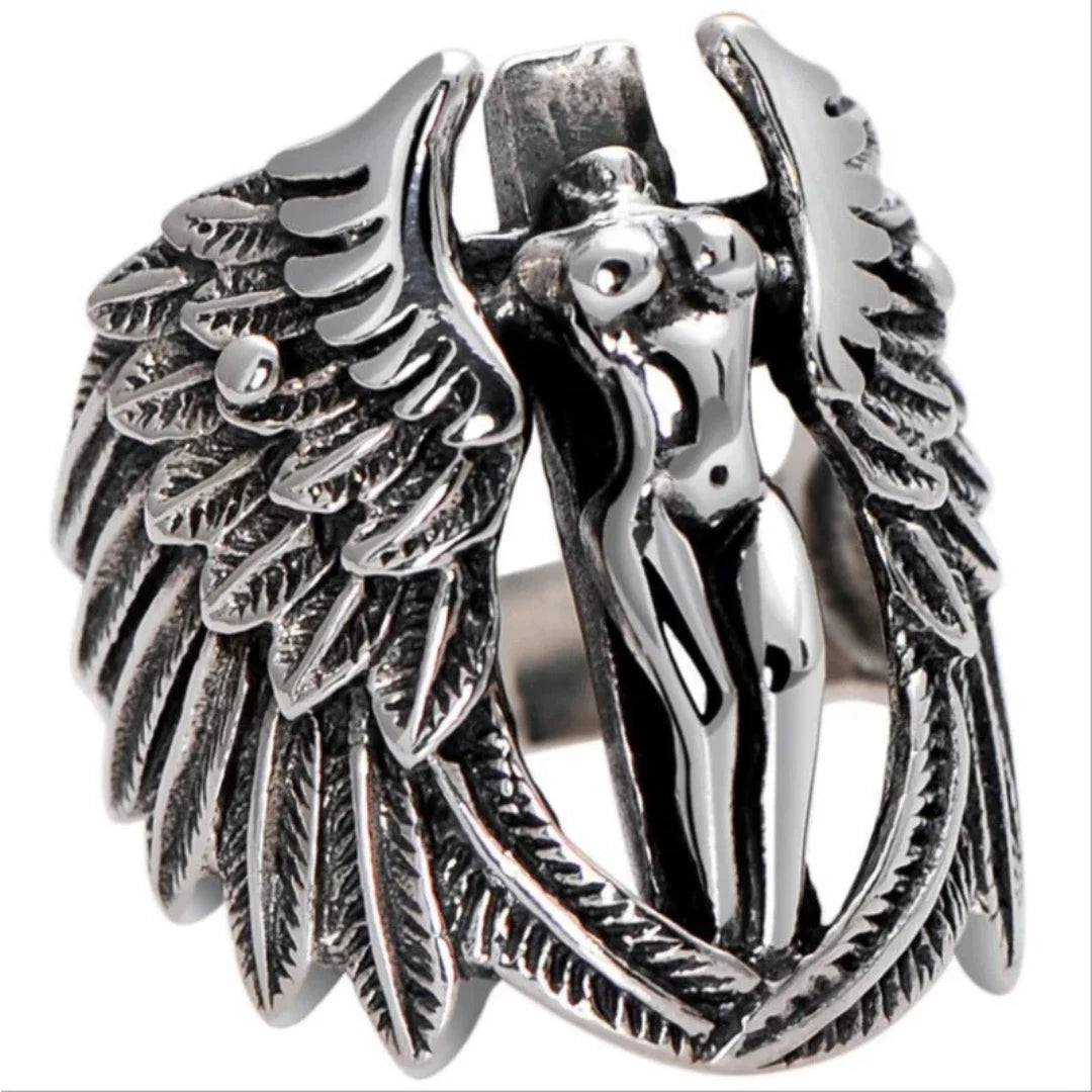 Men’s Adjustable Angel Wing Biker Ring | Retro Gothic Feather MC Ring with Naked Woman Design | Punk Statement Jewelry