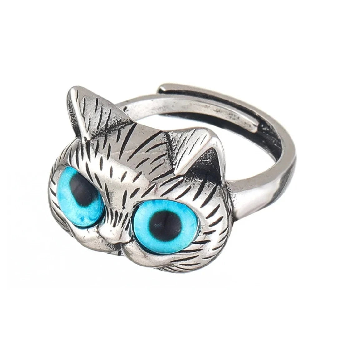 Silver Cat Ring for Women | Adjustable Blue Eye Cat Face Ring | Cute Animal Jewelry Gift for Cat Lovers UK