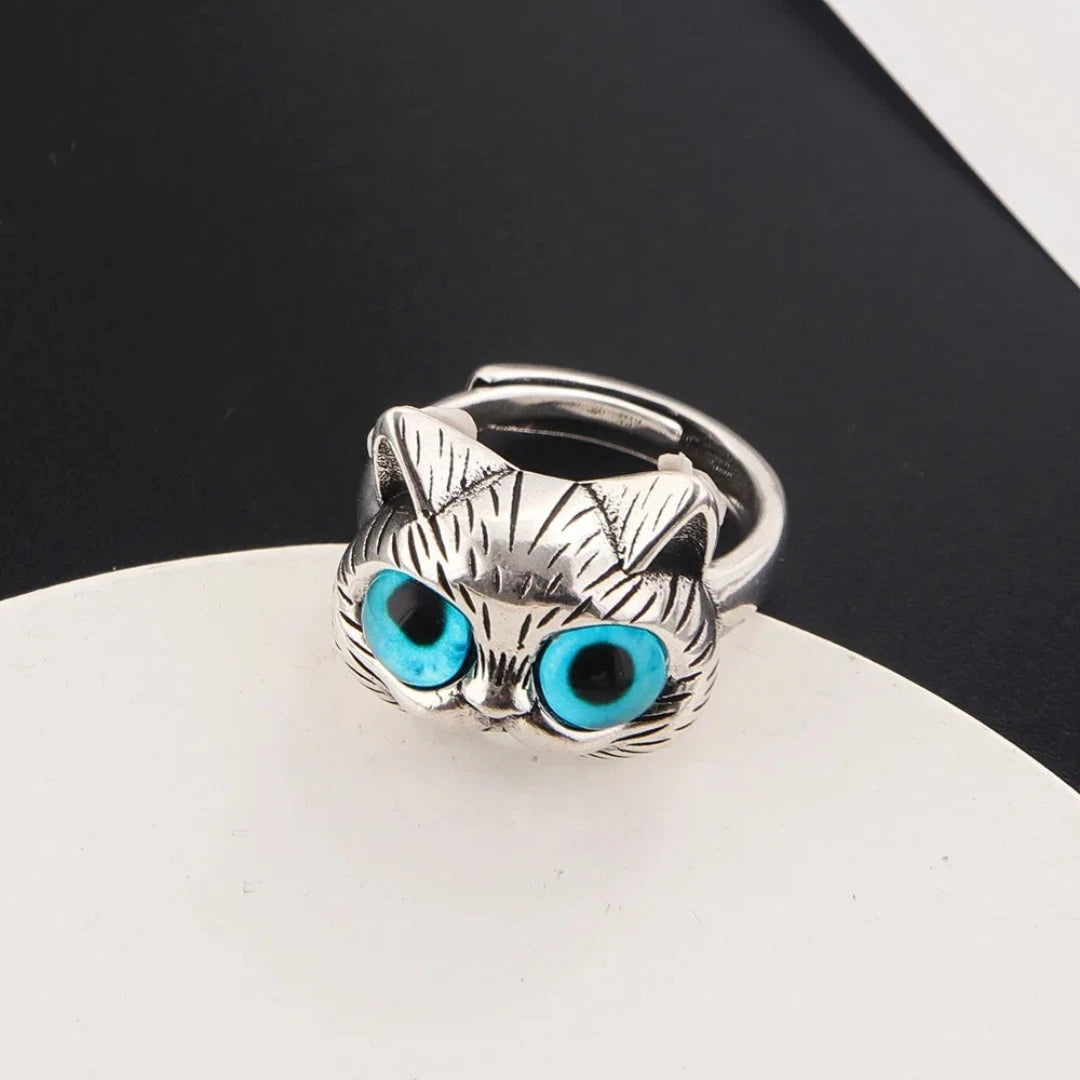 Silver Cat Ring for Women | Adjustable Blue Eye Cat Face Ring | Cute Animal Jewelry Gift for Cat Lovers UK