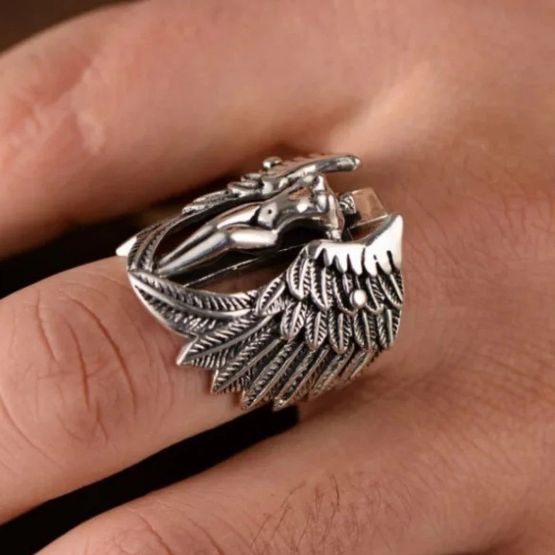 Men’s Adjustable Angel Wing Biker Ring | Retro Gothic Feather MC Ring with Naked Woman Design | Punk Statement Jewelry