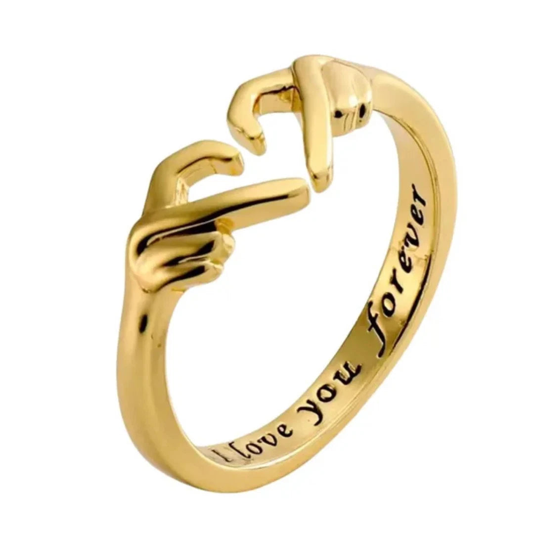 I Love You Forever Hugging Hands Open Ring | Adjustable Promise Ring for Her or Him | Romantic Heart Hand Jewelry Gift UK