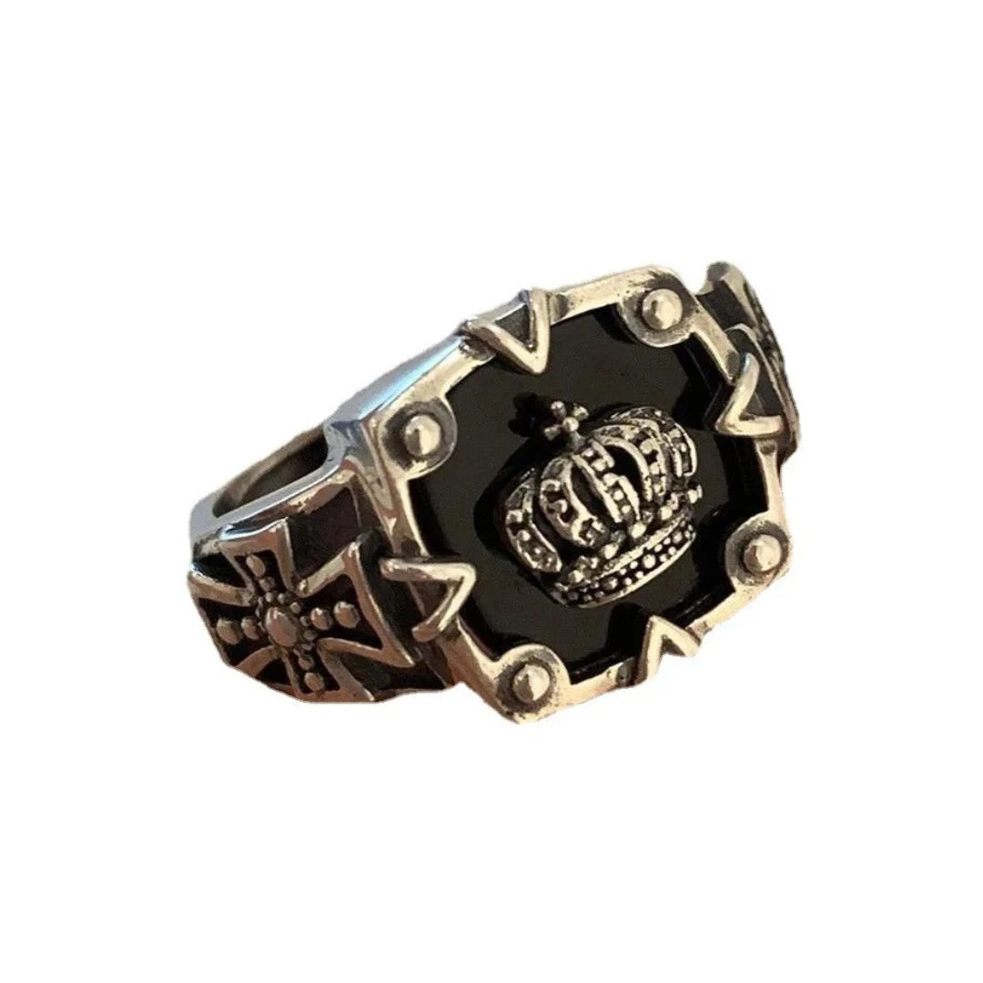 Vintage Crown Cross Gothic Ring | Silver Adjustable Punk Biker Ring for Men & Women | Unisex Medieval Statement Jewelry