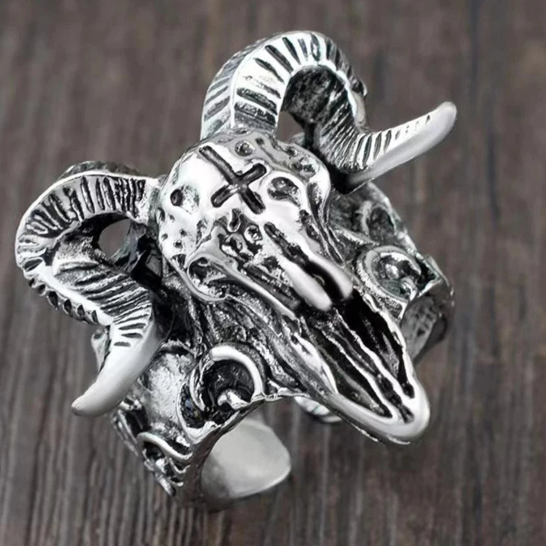 Vintage Gothic Baphomet Goat Skull Ring | Adjustable Punk & Biker Ring for Men & Women | Silver Gothic Statement Jewelry