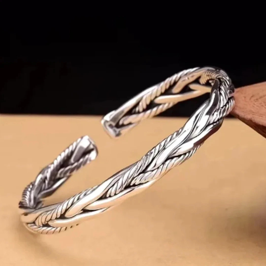 Viking Braided Twist Silver Bangle | Gothic Norse Open Cuff Bracelet for Men & Women | Adjustable Medieval Fashion Jewelry
