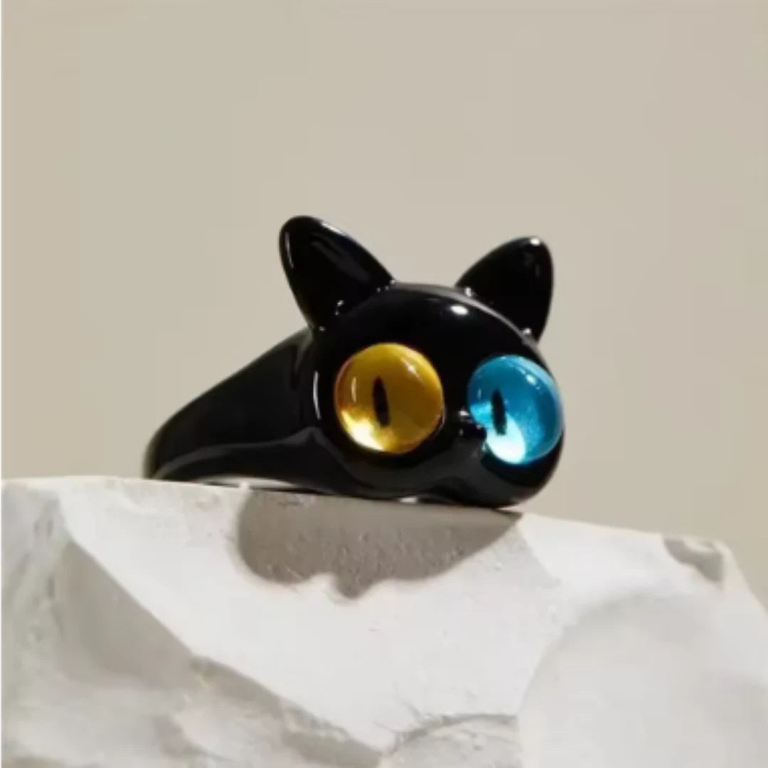 Adjustable Cat Eye Ring for Women | Black Cat Fashion Ring with Blue & Yellow Eyes | Cute Gothic Kawaii Jewelry Gift