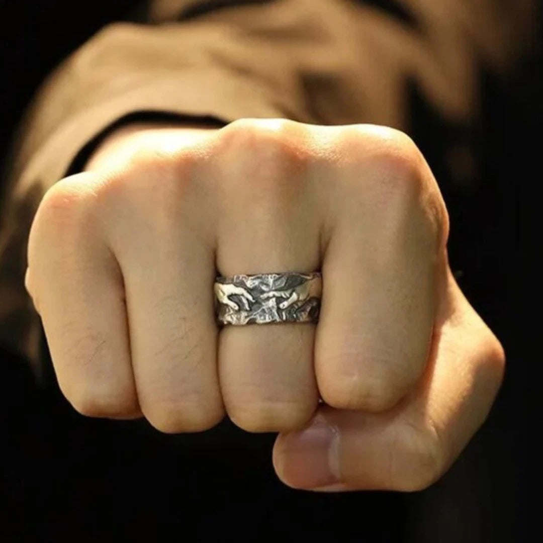 Michelangelo Creation of Adam Ring | Adjustable Handmade Stainless Steel Boho Ring for Men & Women | Artistic Renaissance Jewelry