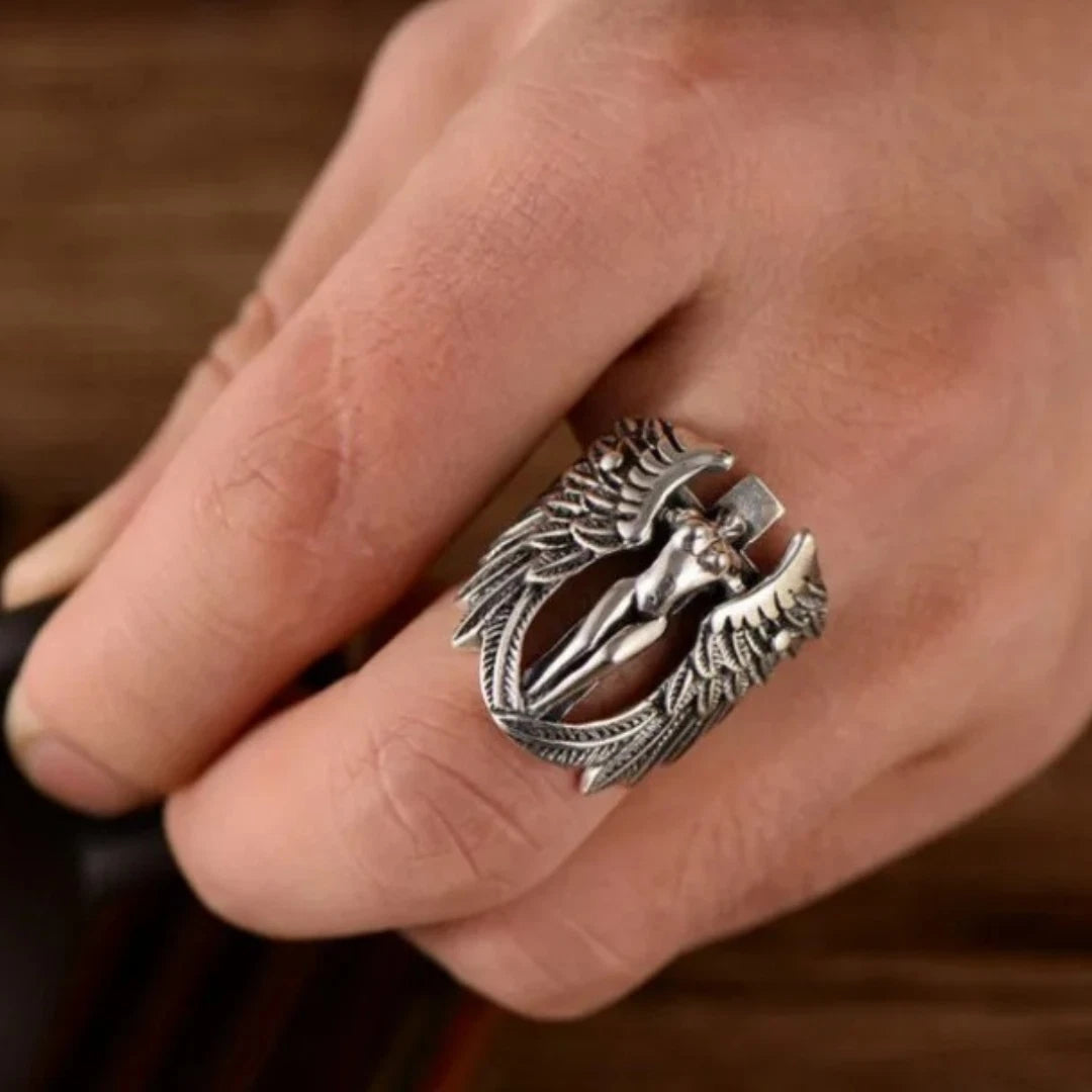 Men’s Adjustable Angel Wing Biker Ring | Retro Gothic Feather MC Ring with Naked Woman Design | Punk Statement Jewelry