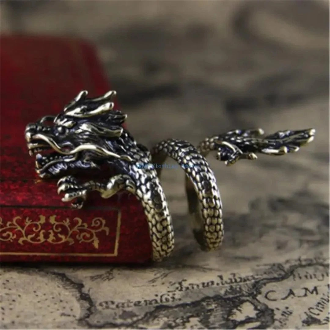 Vintage Dragon Adjustable Ring | Chunky Gothic Boho Dragon Ring for Men & Women | Antique Fantasy Jewelry UK