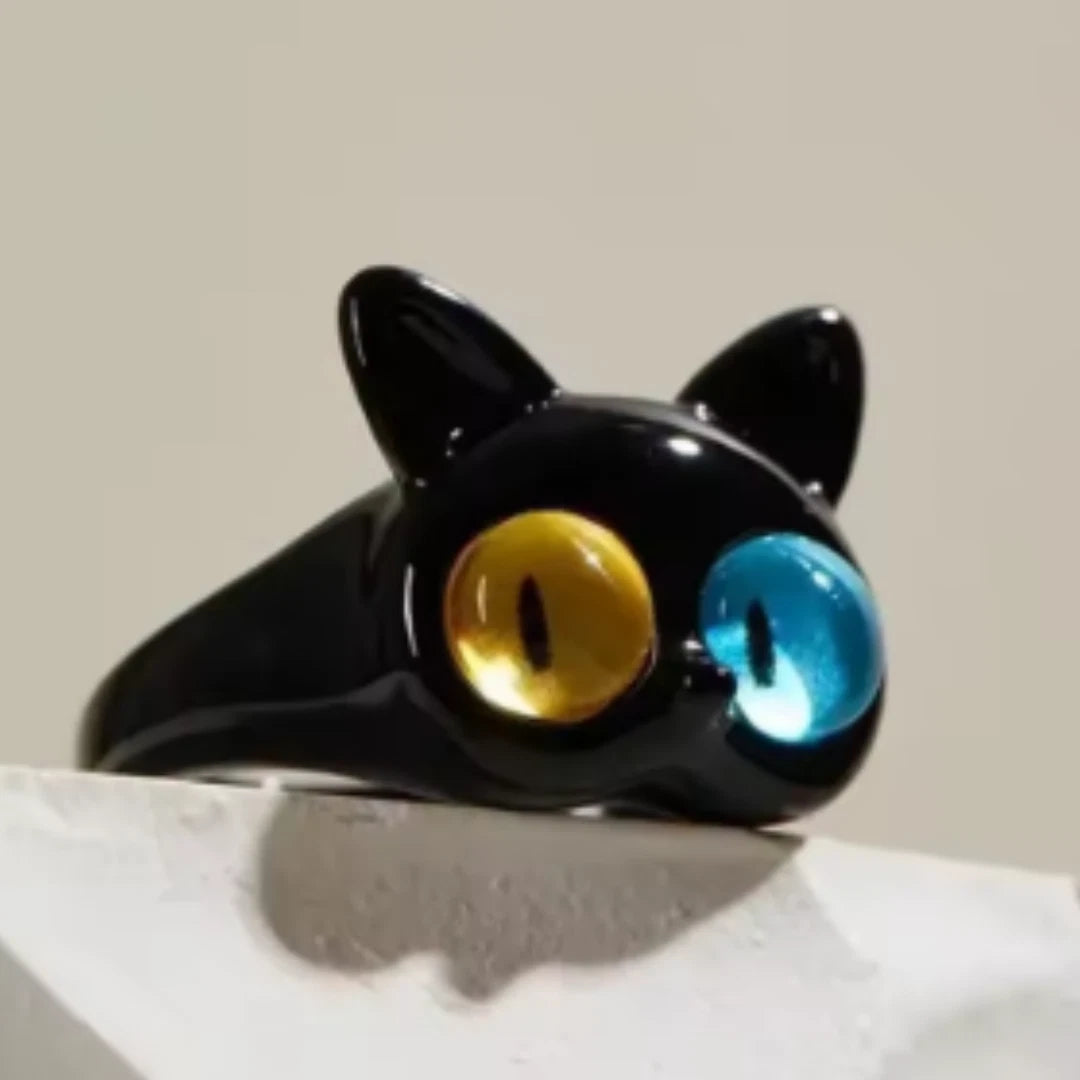 Adjustable Cat Eye Ring for Women | Black Cat Fashion Ring with Blue & Yellow Eyes | Cute Gothic Kawaii Jewelry Gift