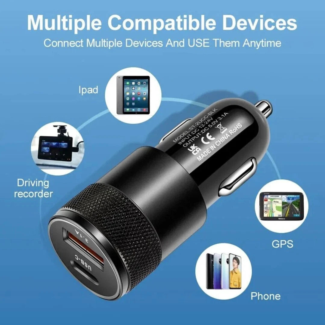 Fast Car Charger Dual USB Port | Type-C + USB-A 3.1A Adapter | Quick Charge 3.0 for iPhone, Samsung & Universal Devices