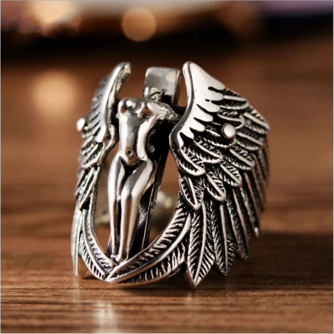 Men’s Adjustable Angel Wing Biker Ring | Retro Gothic Feather MC Ring with Naked Woman Design | Punk Statement Jewelry