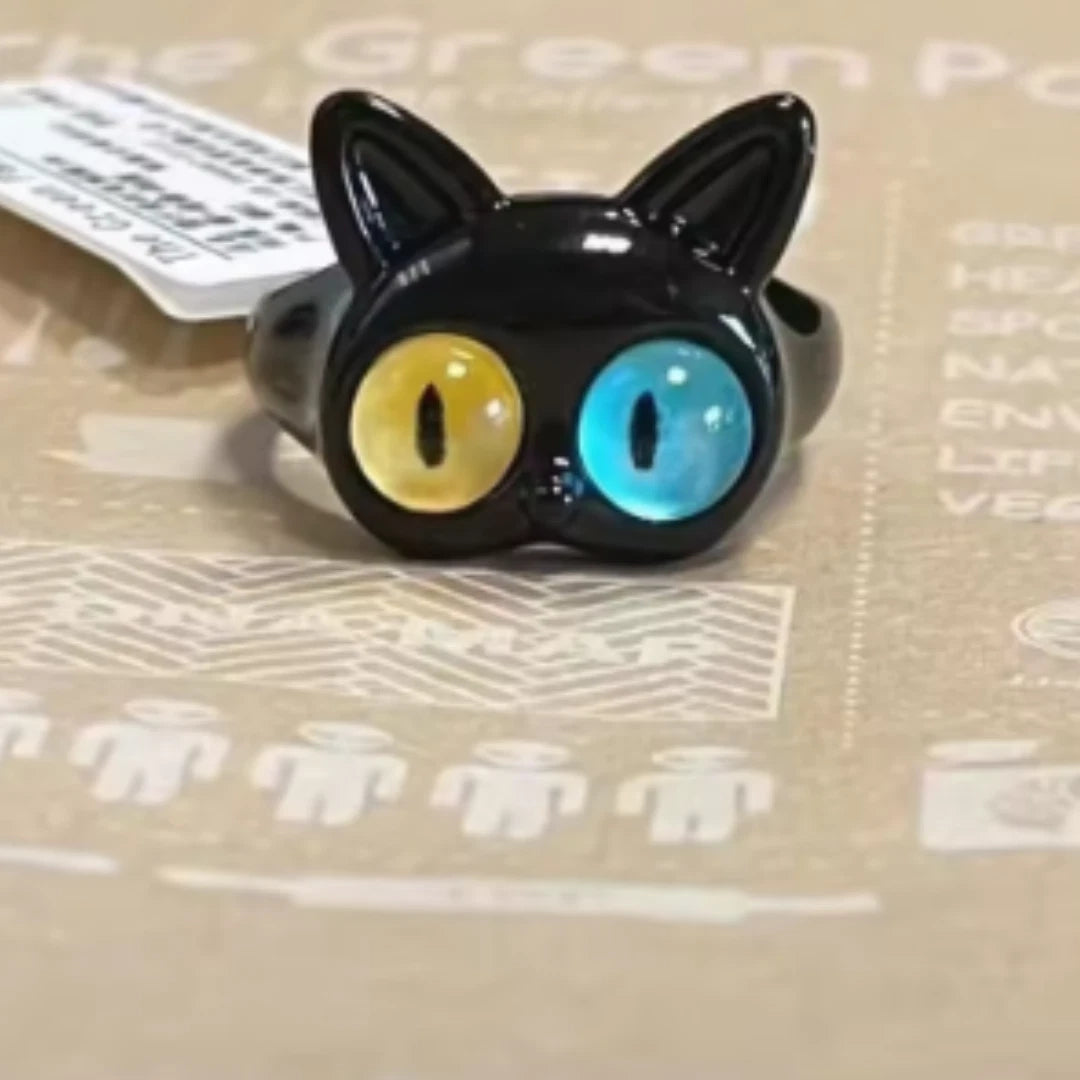 Adjustable Cat Eye Ring for Women | Black Cat Fashion Ring with Blue & Yellow Eyes | Cute Gothic Kawaii Jewelry Gift
