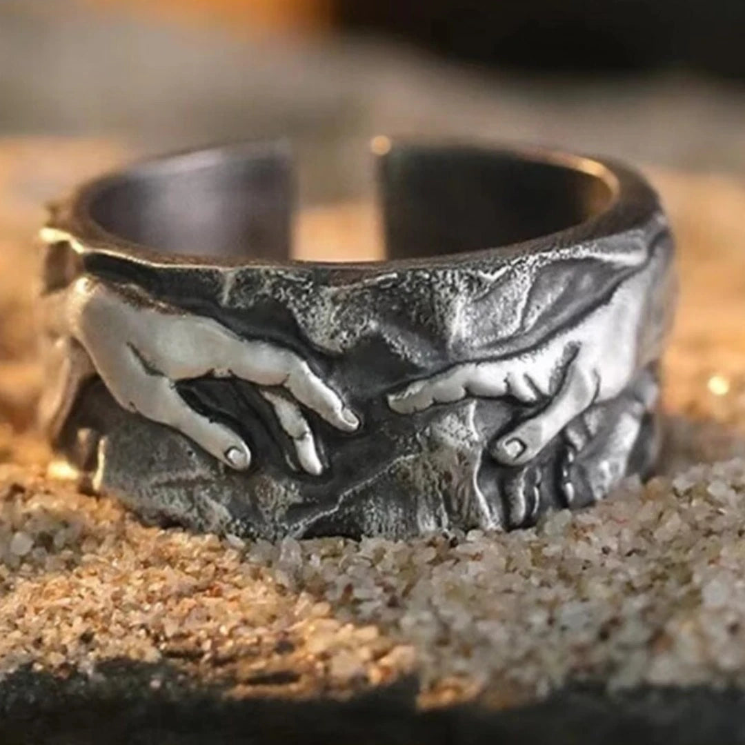Michelangelo Creation of Adam Ring | Adjustable Handmade Stainless Steel Boho Ring for Men & Women | Artistic Renaissance Jewelry