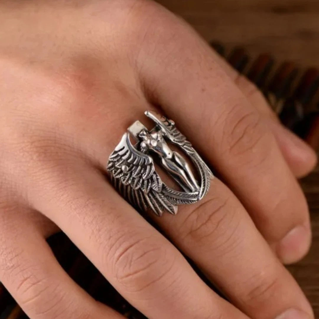 Men’s Adjustable Angel Wing Biker Ring | Retro Gothic Feather MC Ring with Naked Woman Design | Punk Statement Jewelry