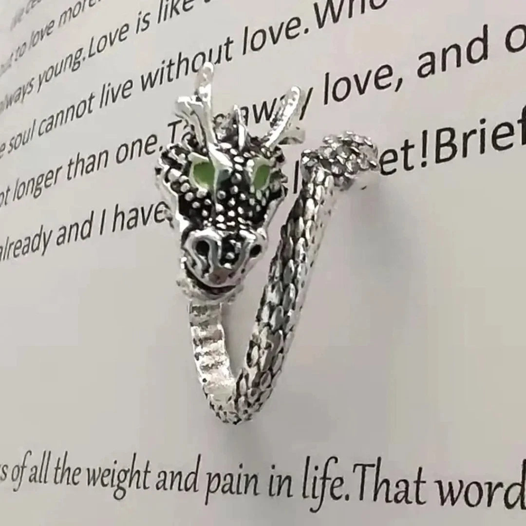 Vintage Adjustable Dragon Ring | Gothic Punk Open Ring for Men & Women | Antique Silver Fantasy Jewelry