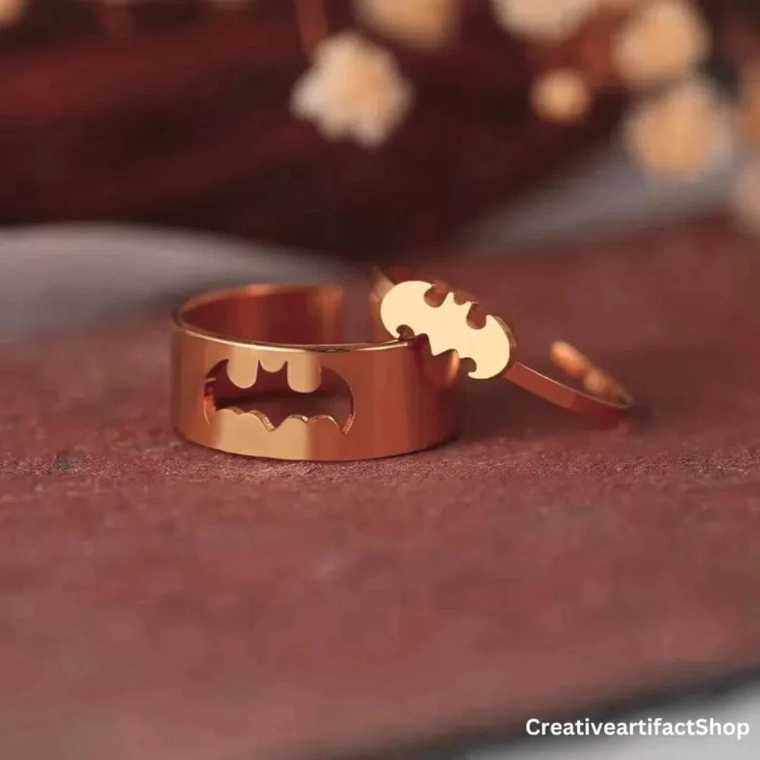 Bat Gothic Couple Ring Set | Adjustable Stainless Steel Batman Rings for Couples | Gothic Punk Unisex Matching Jewelry