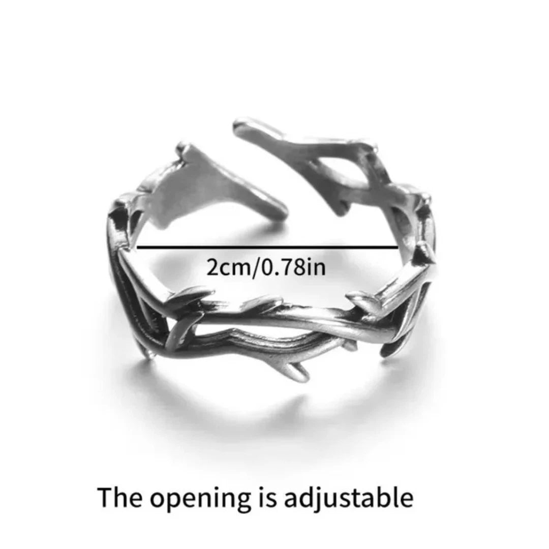 Gothic Thorn Branch Ring – Adjustable Stainless Steel Statement for Punk & Vintage Souls