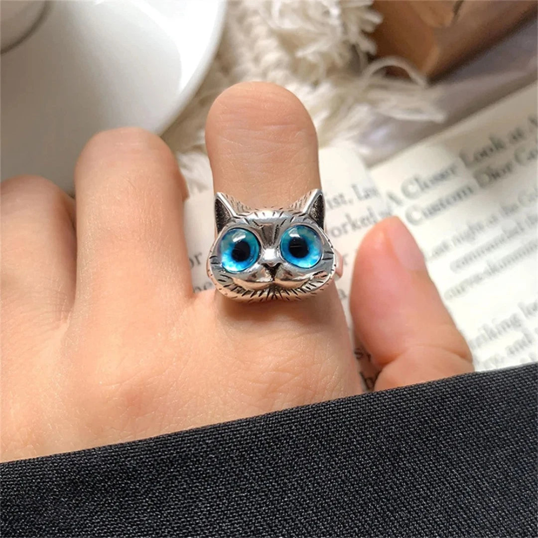 Silver Cat Ring for Women | Adjustable Blue Eye Cat Face Ring | Cute Animal Jewelry Gift for Cat Lovers UK