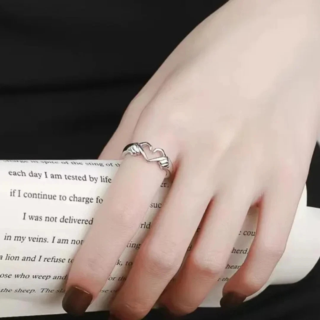 I Love You Forever Hugging Hands Open Ring | Adjustable Promise Ring for Her or Him | Romantic Heart Hand Jewelry Gift UK